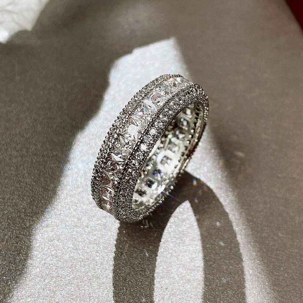 925 Sterling Silver Diamond Eternity Ring Band Wedding Statement Ring - Picture 7 of 7